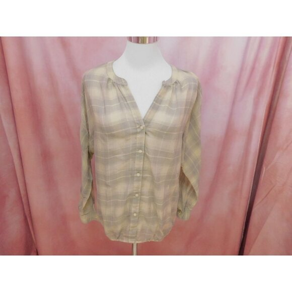 Ann Taylor LOFT Gauze Blouse Size Small S Gray White Plaid Shirt Sheer - Picture 1 of 9